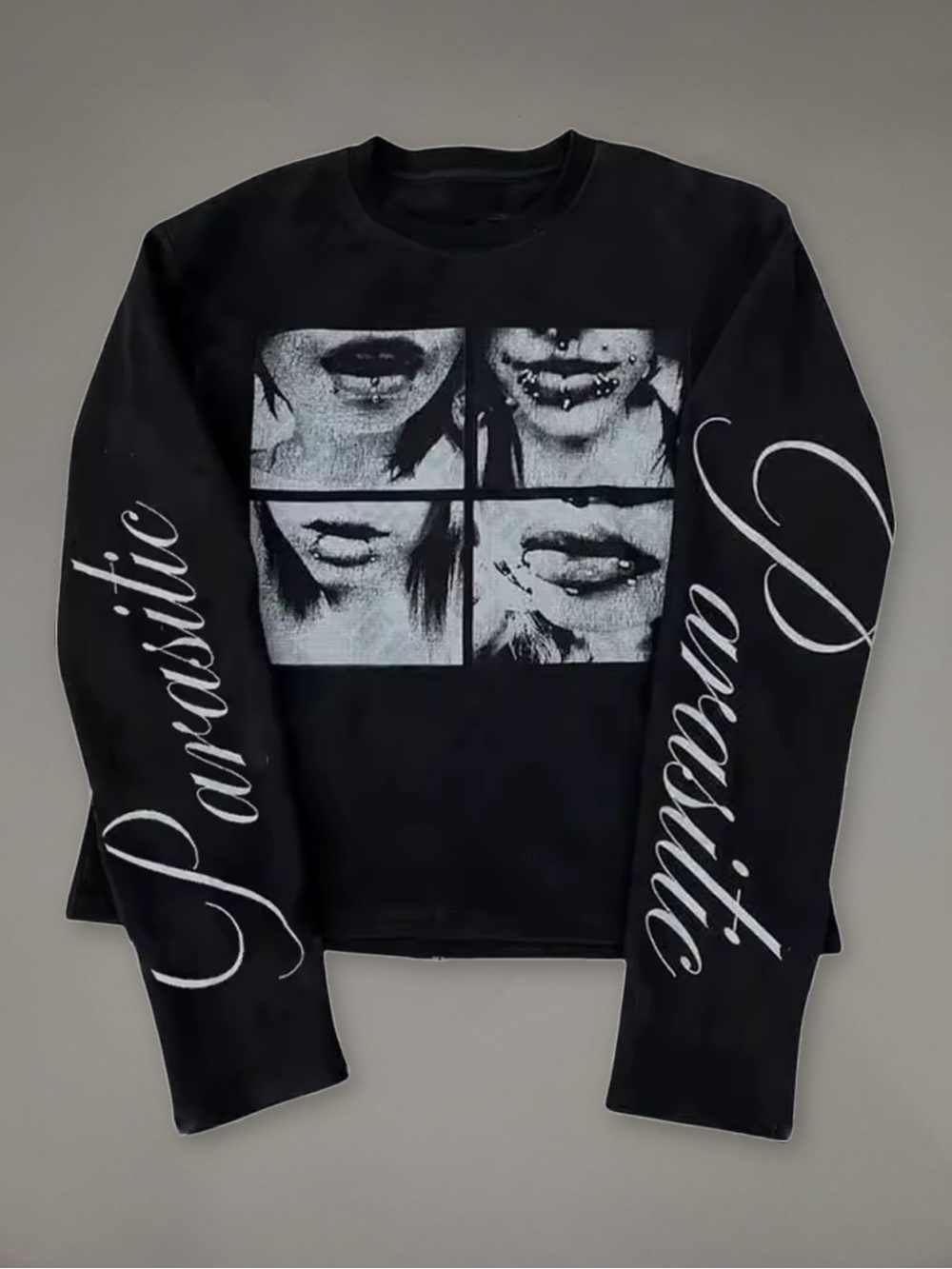 Black Graphic Crewneck Sweater with Script Sleeve Details
